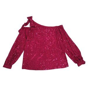 CeSe Women's Fuchsia Sequin One Shoulder Blouse with Bow Detail, Size M.
